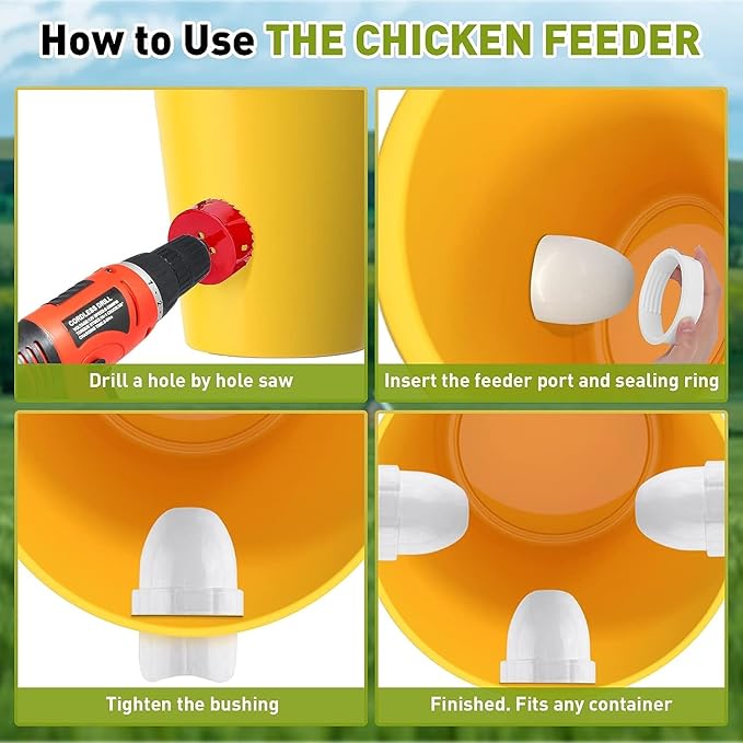 12 Pcs Chicken Feeder Kit and 12 Pcs Water Cup Kit, Gravity Poultry Waterer Cup and Poultry Feeder Port Set with Hole Saw and Sealing Tape, Chicken Feeder No Waste for Duck Bird Quail