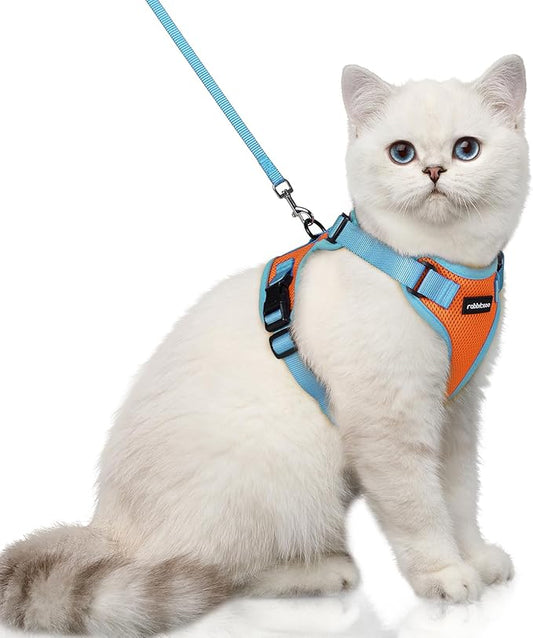 rabbitgoo Cat Harness and Leash Set, Escape Proof Soft Adjustable Vest Harnesses for Outdoor Walking, Easy Control Breathable Kitten Jacket with Reflective Strips, Orange & Light Blue, XS