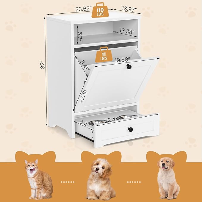 Dog Food Storage Cabinet and Feeding Station - Large Pet Food Organizer Furniture With Pull-Out Elevated 2 Sus304 Bowls for Feeding & Watering Supplies, White
