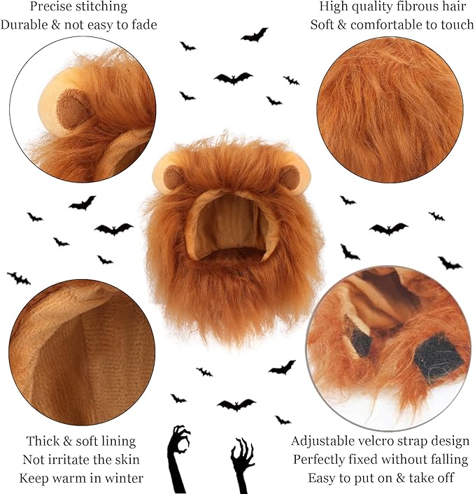 Cat Halloween Costumes - Lion Mane Wig for Cats & Puppies, Adjustable Pet Cosplay Apparel Kitten Outfits for Halloween Christmas Cat Birthday Party (Brown)