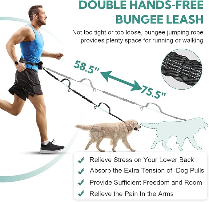 Hands Free Dog Leash with Pouch, Double Leash for Two Dogs, Retractable Bungee with Double Padded Handles, Waist Leash for Dog Walking, Running Leash for Dogs, Dog Walking Accessories