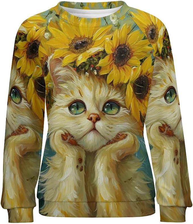 Long Sleeve Shirts for Women Cat Oil Painting Shirt 3D Graphic Sweatshirts Fall Pullover Crewneck Vintage Boho Tops