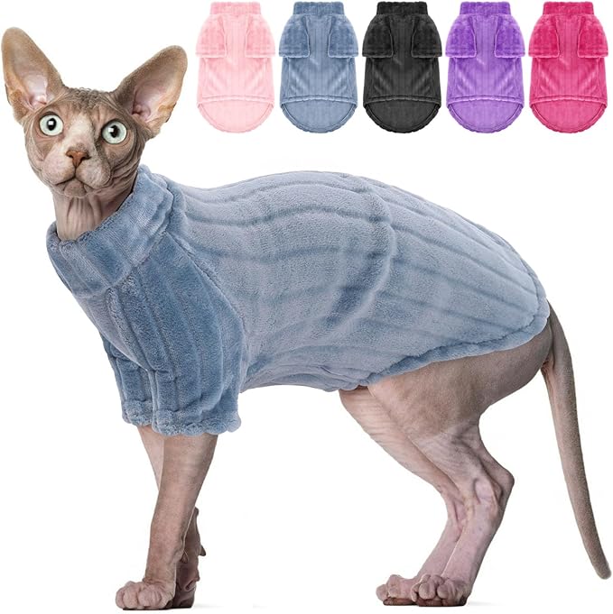 SUNFURA Sweaters for Cats, Hairless Sphynx Sweater Kitten Pullover with Sleeves, Warm and Soft Cat Pajamas Fleece Sweatshirt Jumpsuit, Turtleneck Clothes for Fall Winter, Blue S