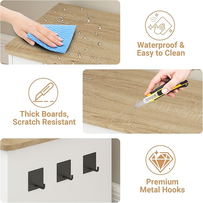 Dog Feeding Station with Storage Cabinet, Hidden Elevated Bowls for Medium & Large Dogs, Dog Food Cabinet Organizer with Hooks for Pet Supplies, Slow Feeder & Stainless Steel Bowls (White)