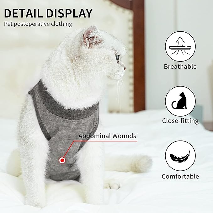 Kitten Onesies,Cat Recovery Suit for Abdominal Wounds or Skin Diseases,After Surgery Wear Anti Licking Wounds,Breathable E-Collar Alternative for Cat Grey M