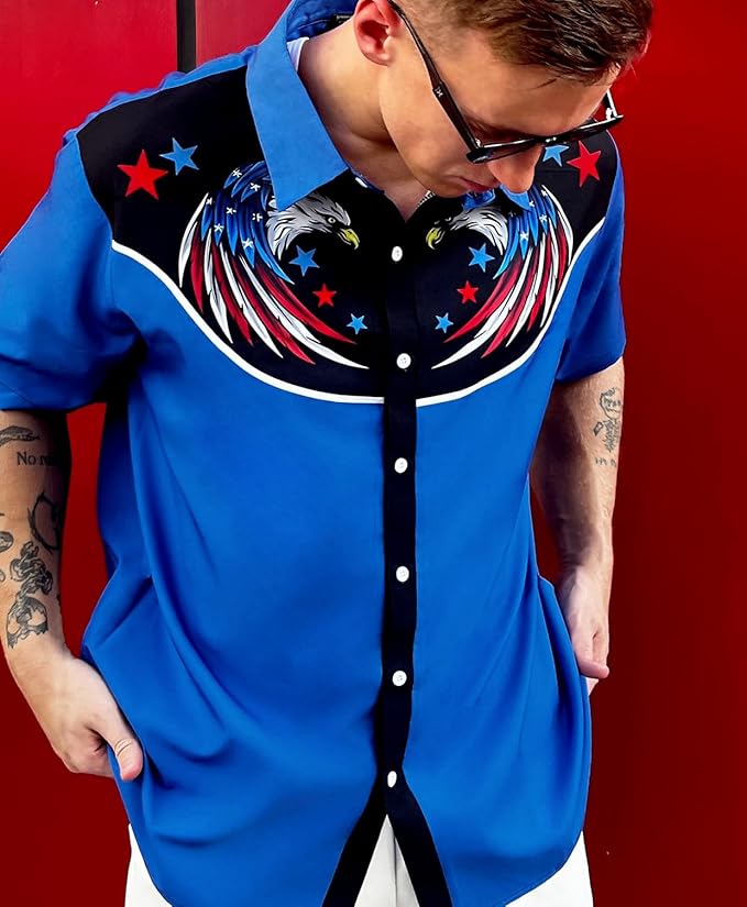 Men’s Hawaiian Shirt Western Cowboy Symmetrical Print Short Sleeve Button Down Casual Beach Holiday Summer Shirt