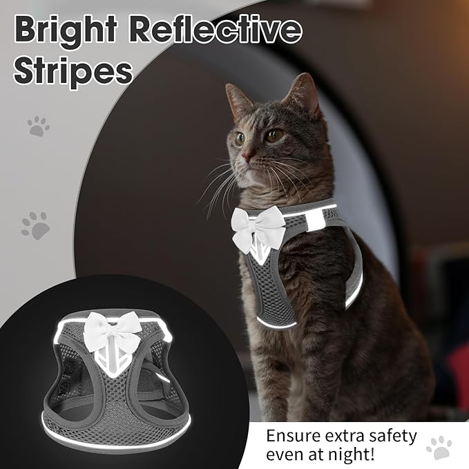 Cat Vest Harness and Leash Set for Walking Escape Proof, Adjustable Kitten Harness Breathable Mesh with Reflective Strips Harness for Kitty Puppy Bunny (Grey,XS)