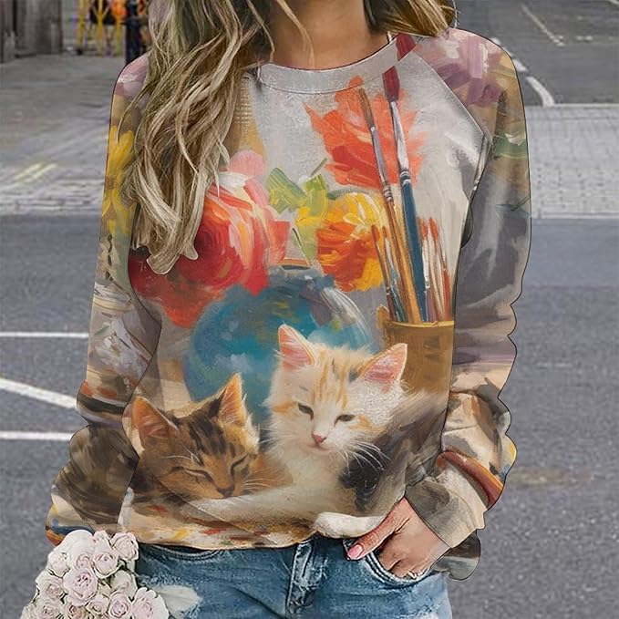 Long Sleeve Shirts for Women Cat Oil Painting Shirt 3D Graphic Sweatshirts Fall Pullover Crewneck Vintage Boho Tops