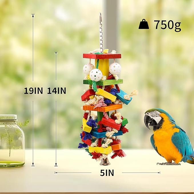 Interactive Parrot Toys for Large Birds, Cockatoo, Cockatiel, and Parakeet Toys, Original Wooden and Natural Material, Fun Durable and Eco-Friendly Bird Cage Toy