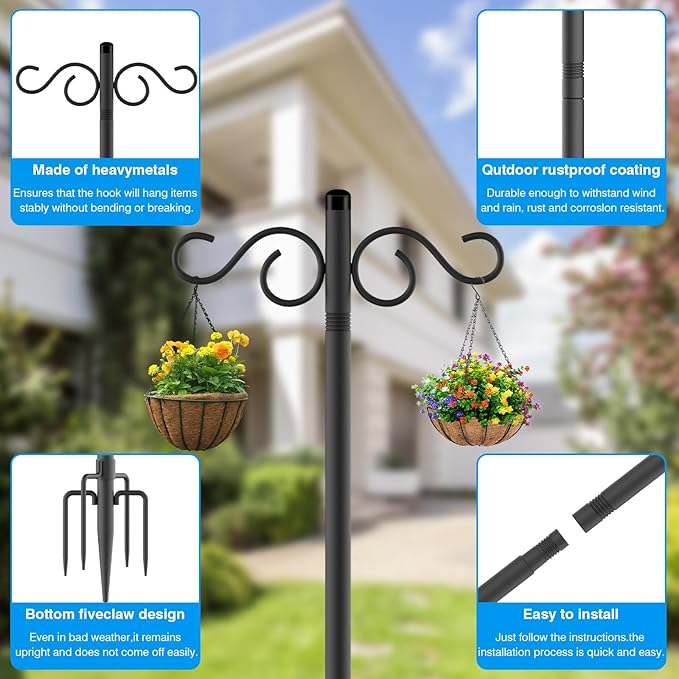 Adjustable Shepherd Hooks for Outdoor,2 Pack 70 Inch 5 Prong Base Bird Two Sided Feeder Poles,Heavy Duty Shepherds Hook,Suitable for Garden in Hanging Flower Basket,Lantern,Bird Nests