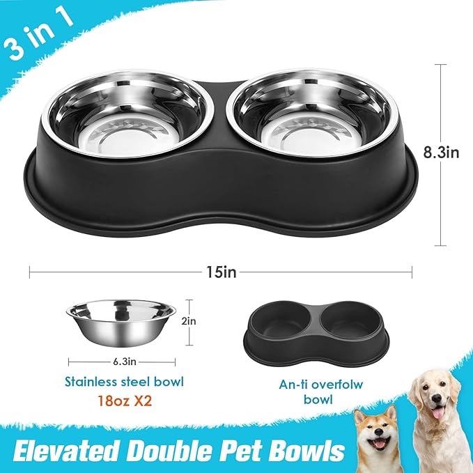 Dog Bowls Double Dog Water and Food Bowl Stainless Steel Bowl with Non-Slip Resin Station, Pet Feeder Bowls for Puppy Medium Dogs Cats