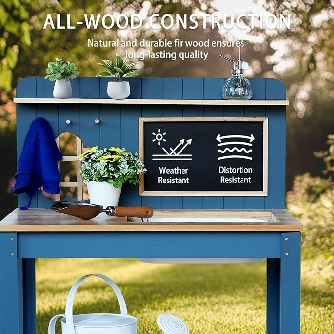 Kids Potting Bench Table Garden Workbench Outdoor Kids Garden Double-Layer Planting Table with Drawing Board Removable Sink,Wood Outdoor Play Kitchen for Toddlers,Backyard and Porch Blue