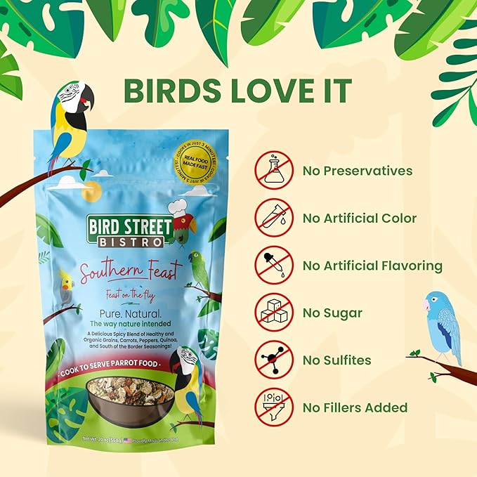 Parrot Parakeet Cockatiel Food - Bird Food - Cooks in 3-15 min with Natural & Organic Grains - Legumes - Non-GMO Fruits, Vegetables, & Health Orientated Spices (4.00 Pound (Pack of 1), Southern Feast)
