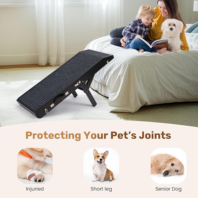 Wood Dog Ramp for Bed, 5-Level Adjustable Height (10" to 21") Pet Ramp with Non-Slip Surface for Couch, Bed and Car, Foldable Dog Ramp for Small, Medium to Large Dogs, Up to 200LBS