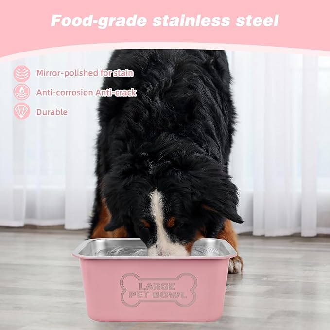 3 Gallons Large Dog Water Bowl, Stainless Steel Metal Dog Bowls, Large Capacity Pet Food Bowl Water Dish for Indoor and Outdoor Universal for Medium to Giant Dogs Pink