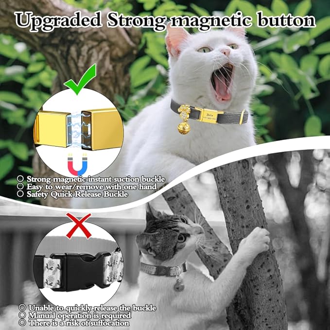 Personalized Breakaway Cat Collars - Magnetic Buckle, Bell - Safety Quick Release, Customized for Girls & Boys Cats- (Velvet-Grey)