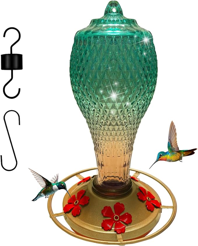 Hummingbird Feeder for Outdoors,17 OZ Glass Humming Bird Feeder for Garden,Backyard Decor,Four Flowers Feeding Ports,Leak Proof,Ant Moat Included,Humming Gifts for Mom/Women