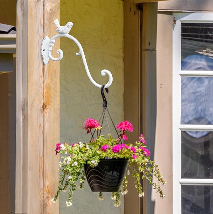 Sungmor Cast Iron Plant Hanger Wall Hooks, Heavy Duty Hanging Basket Brackets, Lovely Bird Shape & 10 inch & 2PC White, Decorative Wall Hangers for Planters Lanterns Bird Feeders Houses Wind Chimes