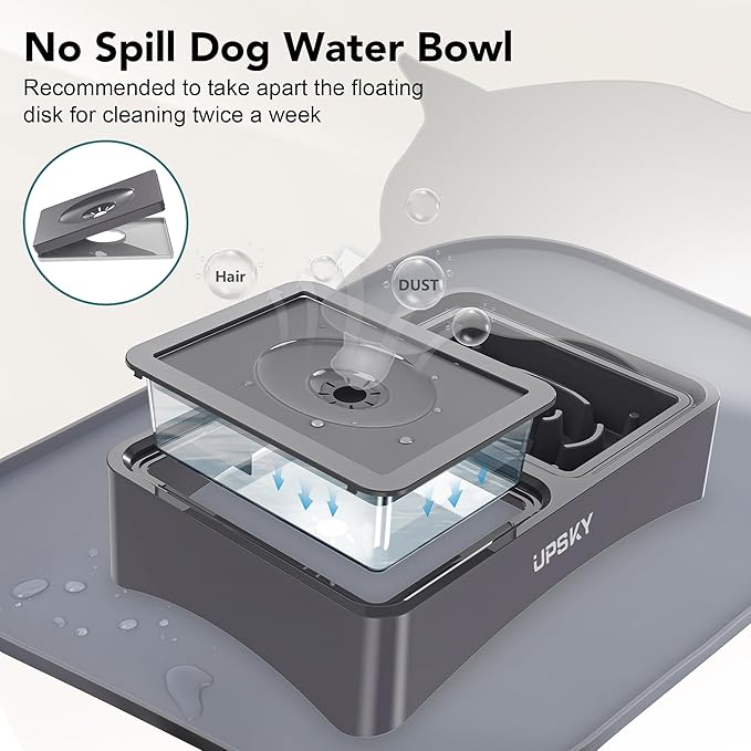 UPSKY 3-in-1 Elevated Dog Bowls with Mat, Large 24 x 16 Inches, 4 Height Adjustable Stand with Slow Feeder, Stainless Steel Bowl for Small to Medium Dogs, Grey