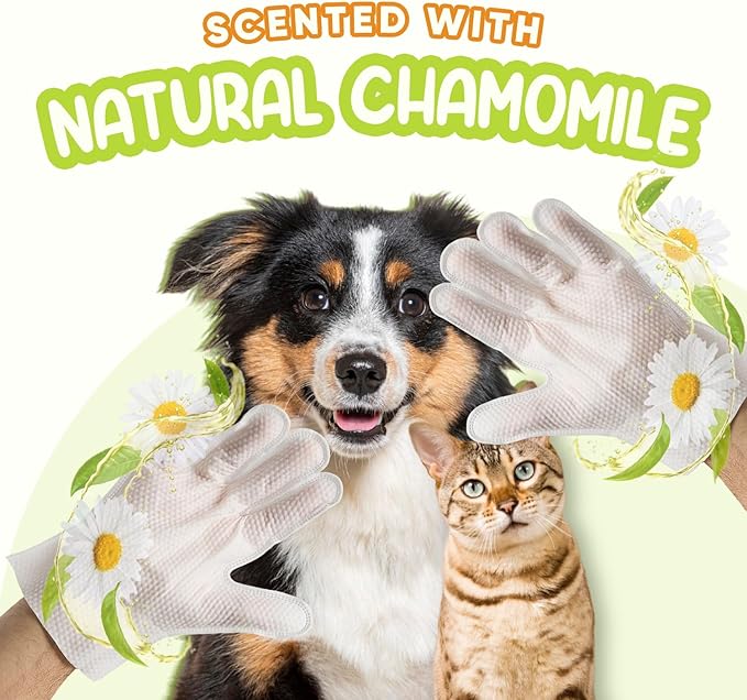 Pet Glove Wipes for Dogs & Cats | Nourish & Clean Fur & Skin | Coconut Oil & Chamomile Rinse-Free Wipes | Bathing Glove Wipes for Daily Care and Traveling | Natural, Hypoallergenic (18 Pack)
