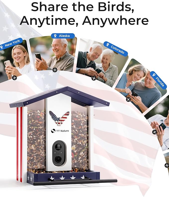 TT Nature Bird Feeder with Camera, Solar Powered Smart Birdhouse Cam with Auto Capture & Bird Identify, Instant Real-time Notifications, 1080P Cam, Gift for Outdoor Birdwatching, Flag Style