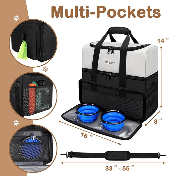 Mancro Dual Layers Dog Travel Bag, Pet Travel Bag with 2 Extra Large Food Containers, 2 Collapsible Dog Bowls, Multi-Pockets Tote Organizer for Pet Essentials for Dogs, Black