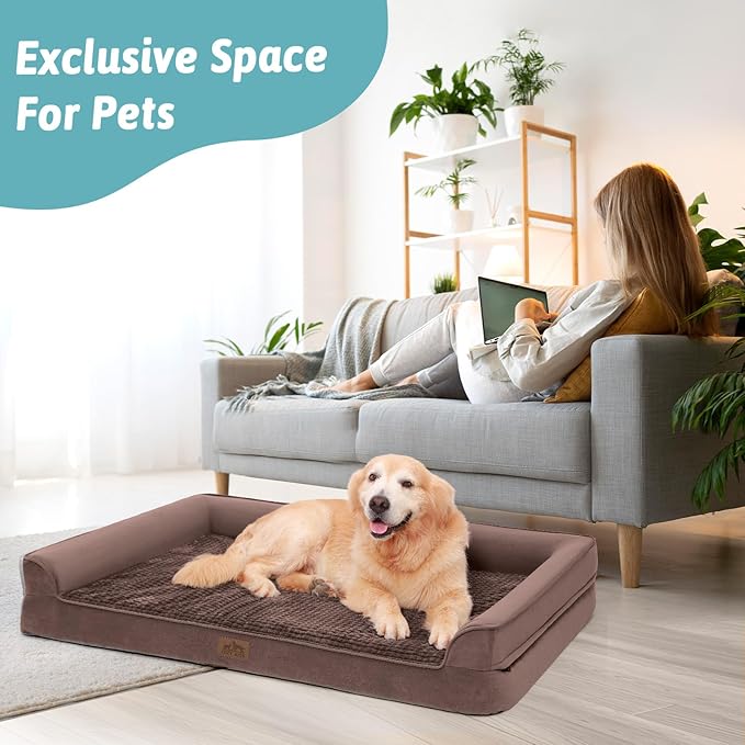 Orthopedic Dog Bed for Large Dog, Pet Couch for Medium Dog Cat, Big Supportive Foam Bolster Sofa with Waterproof Lining Cover, Anti-Slip, Comfort, Washable, 36x27x7.5 in, U Shape, Brown