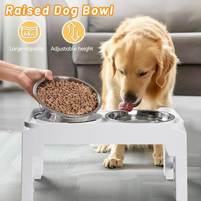 Elevated Dog Bowls with 2 Stainless Steel Food & Water Raised Bowls with No Spill Edge Non-Slip Stand Adjusts to 5 Heights(3.2", 8.77", 9.9",11.1", 12.3") for Small Medium Large Dog and Pet White