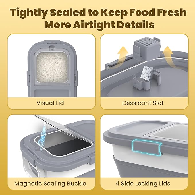 HOYTAMDA 25-35Lbs Rice Container,Collapsible Airtight Food Storage Containers with Wheels,Handle,Rice Storage Container with Small Bin and Scoop,Rice Dispenser for Flour Sugar Cereal Grain Dog Cat