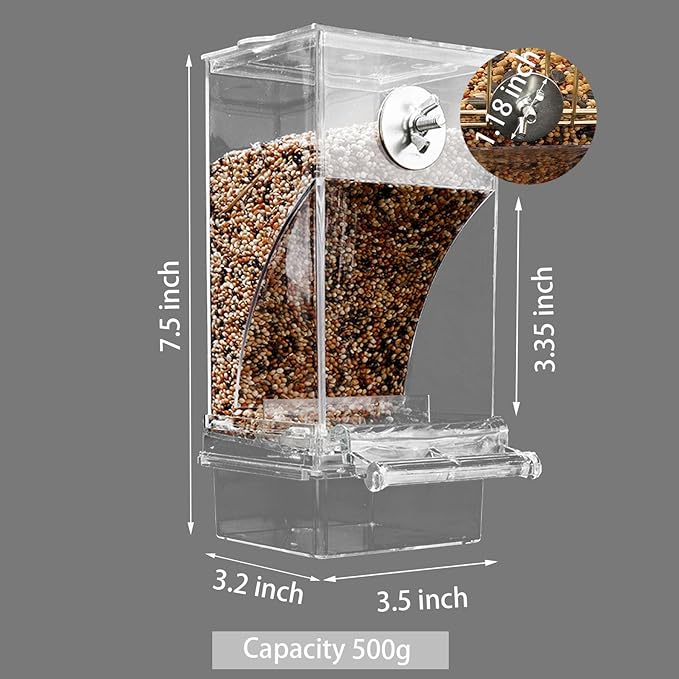 No Mess Bird Feeder for Cage, Automatic No-Spill Transparent Parrot Feeder Acrylic Cockatiel Seed Feeders with PerchParakeet Food Container Cage Accessories for Small Medium Cockatoo Finch