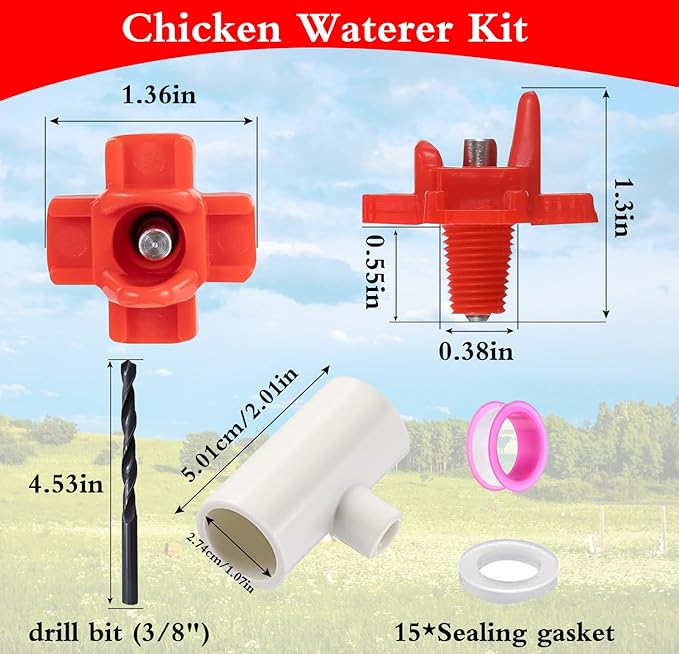 15 Pack Chicken Nipples Waterer with 1/2'' PVC Tee Fittings,DIY Automatic Chicken Waterer System, Horizontal Side Mount Poultry Water Nipple Waterer Drinker and for Poultry Ducks Quail and Other
