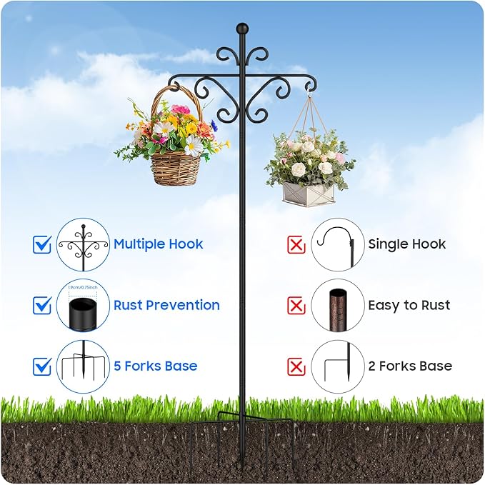 108 Inch Shepherds Hooks for Outdoor, Multiple Hook Adjustable Bird Feeder Pole,Garden Pole Hanger Stands with 5 Base Prongs for Hummingbird Feeder,Plant Basket, Solar Lantern Lights,Wind Chimes