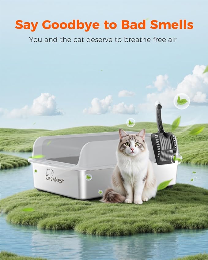 XXXL Stainless Steel Cat Litter Box 28.1''×20.5'' × 10.1” Extra Large Metal Cat Litter Box for Big, Multi Cats, Anti-Leakage & Non-Stick Metal Pan, Easy to Clean, Durable (Light Grey