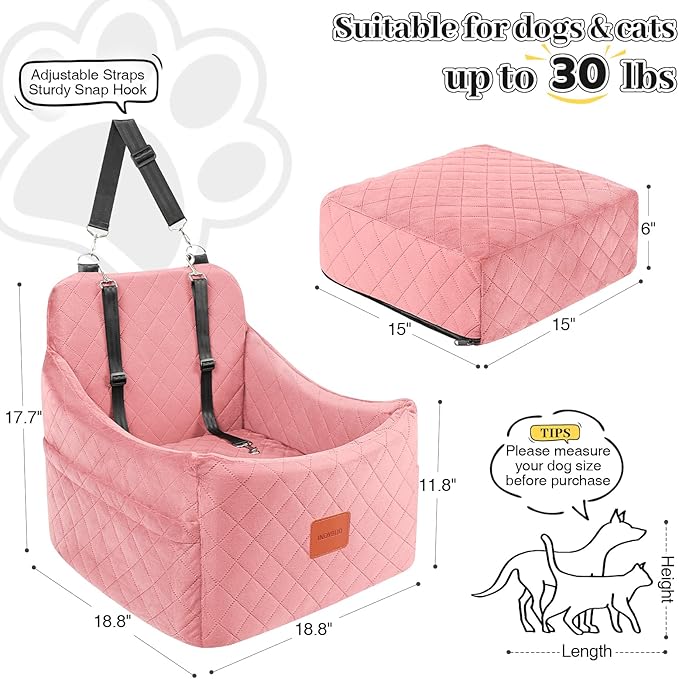 Dog Booster Car Seat for Dogs up to 35lbs, Safety Pet Car Seats with Anti-Slip Bottom, Travel Booster Dog Bed with 2 Storage Pockets (Pink, Medium)