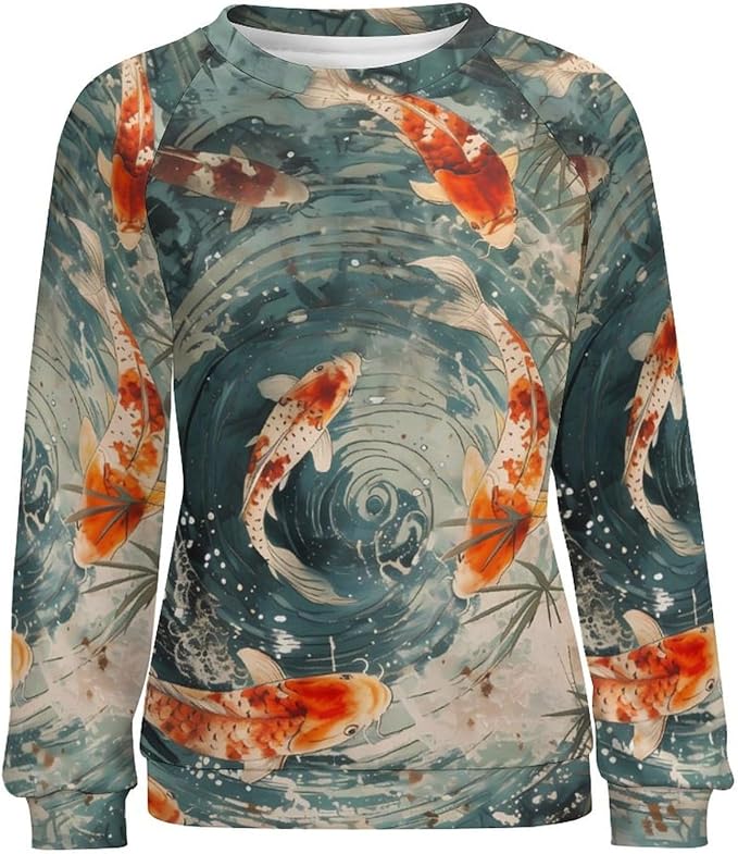 Womens Long Sleeve Tops Y2k Japanese Art Print Sweatshirts Fall Pullover for Women Crewneck Vintage Shirts Boho Tops