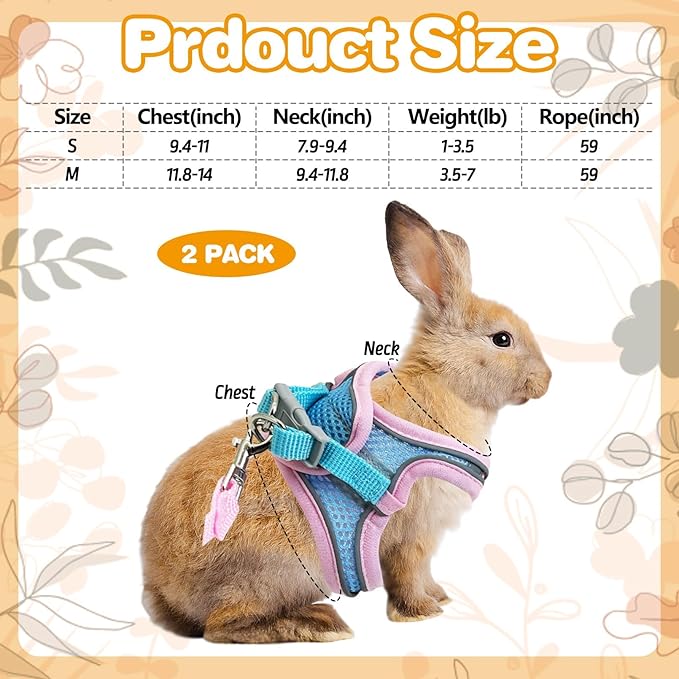 PINVNBY 2 Pack Bunny Hsrness and Leash Set Adjustable Rabbit Harness with Reflective Strips Double Buckle Pet Vest Eescape Proof for Small Rabbit Kitten Puppy Walks Accessories (Pink Blue, S)