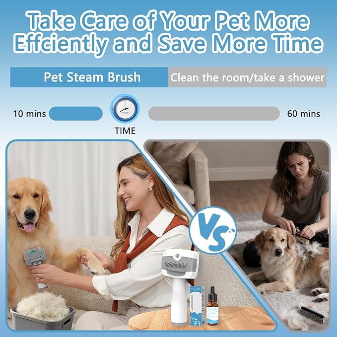 3 in 1 Pet Steam Brush for Dogs & Cats – Self Cleaning, Hair Removal Comb Steam for Shedding & Dematting for Long & Short Haired Pets,Includes Pet Essence