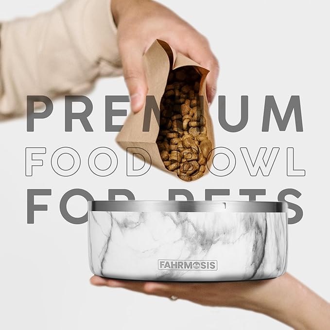 64 OZ Dog Bowl with Slow Feeder Insert Stainless Steel Pet Water Bowl for Medium & Large Breed Non Slip Rubber Base & Plastic Puzzle Feeder - White Marble