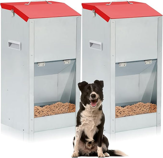 2 Pcs 25 Lbs Large Automatic Dog Feeders with Handle Acrylic Panel Galvanized Gravity Feeder Outdoor Hanging for Doggie Breed Dog Food Dispenser Container(Red)