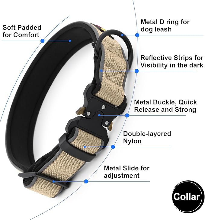 Plutus Pet Tactical Dog Collar, Reflective, Adjustable Heavy Duty Dog Collar, Soft Padded and Comfortable, for Small Medium and Large Dogs (Beige, S)