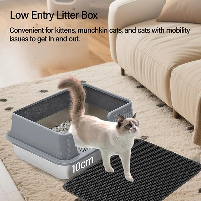 Stainless Steel Litter Box with Lid Cover Mats Scooper, Kitten Litter Box Low Entry, Suitable for Small Space Senior Cats, Side Entry, Grey Enclosure