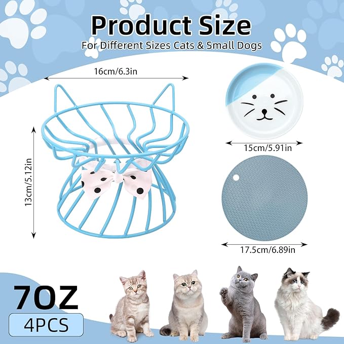 4-in-1 Elevated Pet Food Bowls - Ceramic, Non-Slip, Dishwasher Safe, Whisker-Friendly Stand for Cats & Puppies
