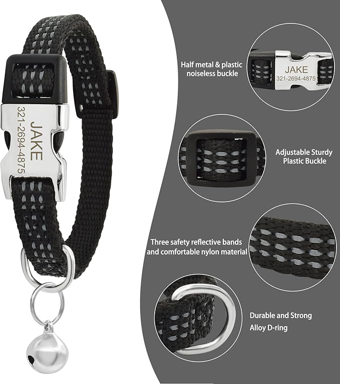 Personalized Reflective Nylon Cat Collar with Name Phone,Custom Engraved Buckle Cat Collar with Bell,Adjustable for Small Dogs Puppy Kitten (Black,fit 7.5''-12.0'')