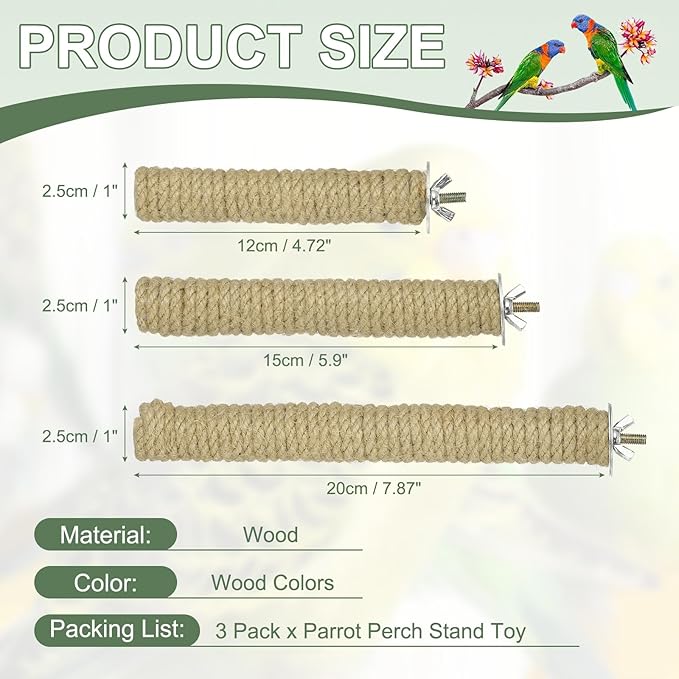 Parrot Perch, Wooden Parrot Perch Stand Toy, Paw Grinding Stick, Bird Cage Accessories, 3 Sizes (Wood Color, 3 Pcs) Birds Toys Intended for Cage/Parakeets/Conure/Budgie
