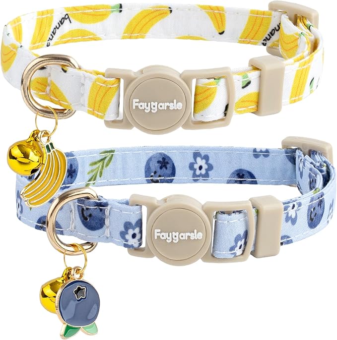 Faygarsle 2 Pack Blueberry Banana Pattern Cat Collars Breakaway Safety Collar with Bell Spring Summer Design for Girl Cats,Yellow Light Blue