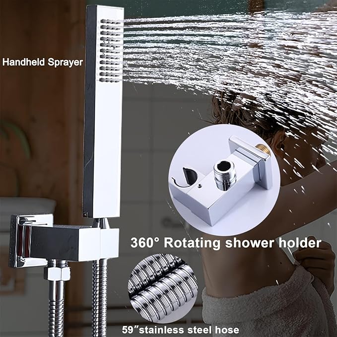 Chrome Shower System Set Temperature Display Push Button Shower Faucet with 12 inch and 8 inch Wall Mount Full Body Shower Head and Handheld Shower