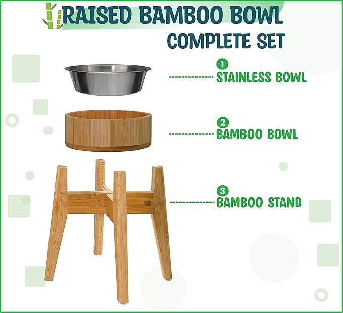 Raised Dog Bowl - Elevated 12-inch, Ideal for Large Breeds - Treats, Dry and Wet Foods Suitable - Deter Ants/Bugs, Tip-Over Resistant Stand - Steel and Bamboo