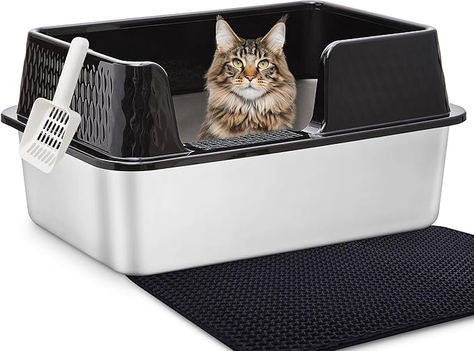 Vealind Stainless Steel Cat Litter Box High Sided Metal Cats Litter Pan Tray Enclosed with Scoop Mats Non-Sticky Anti-Leakage Easy Cleaning Kitty Litter Boxes