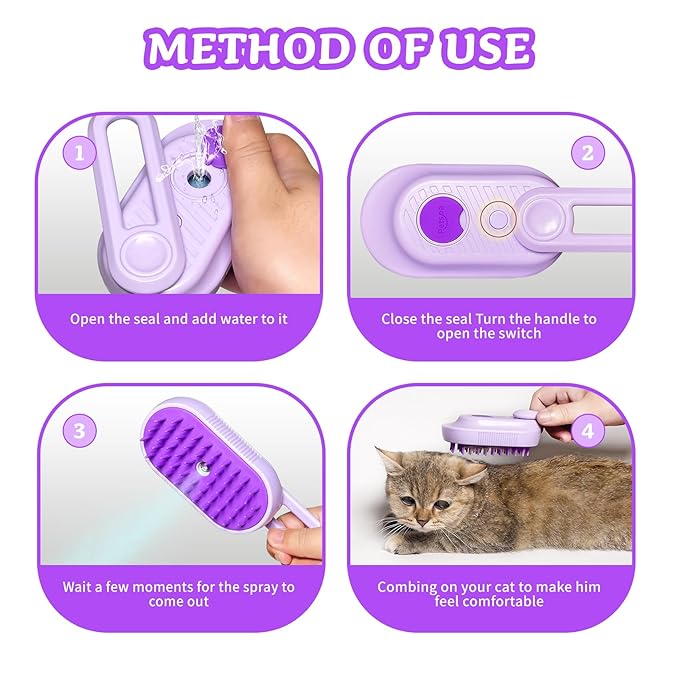 Spray Cat Brush for Shedding - Pet Grooming Brush with Steamer and Water Spray, Ideal for Cats and Dogs (Purple)