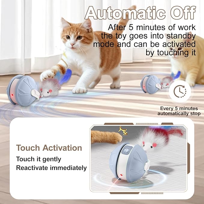 Interactive Cat Toy Ball - 2-in-1 Indoor Cat Toy with Feather Attachment and Laser Interactive Cats Balls, Moving Electric Rolling Ball Toys Designed for Bored Kittens and Adult Cats